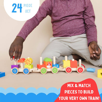 Farm Wooden Train Set for Kids - Pull Along Stacking Train