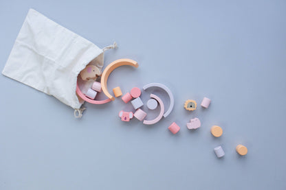 Pink Animal Stacking Set - 21 Pieces included with Storage Bag - Wooden Rainbow Stacker Gift for Girls