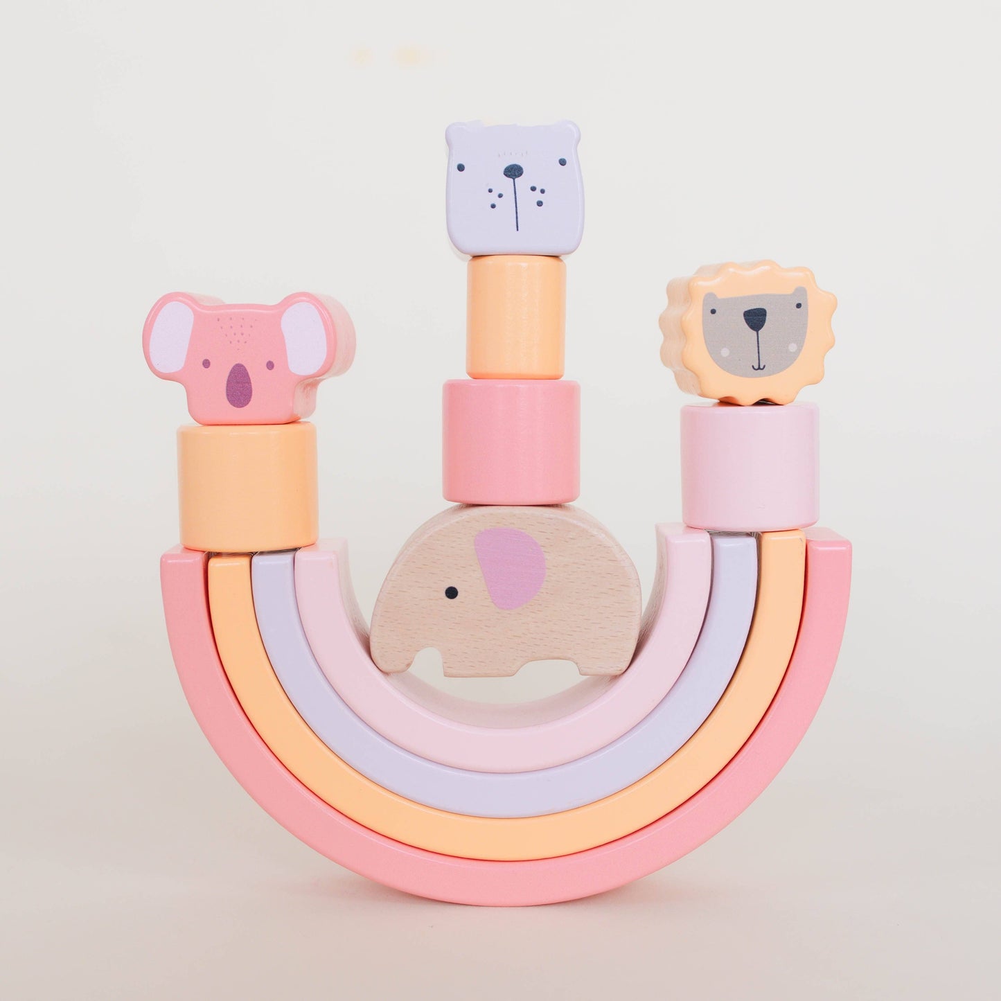Pink Animal Stacking Set - 21 Pieces included with Storage Bag - Wooden Rainbow Stacker Gift for Girls