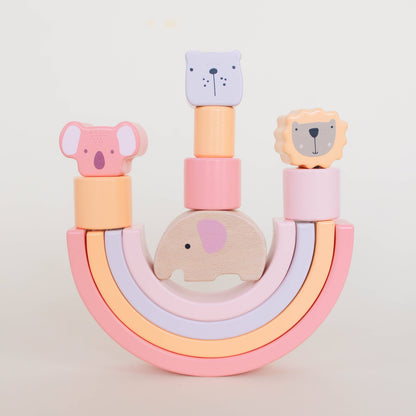 Pink Animal Stacking Set - 21 Pieces included with Storage Bag - Wooden Rainbow Stacker Gift for Girls