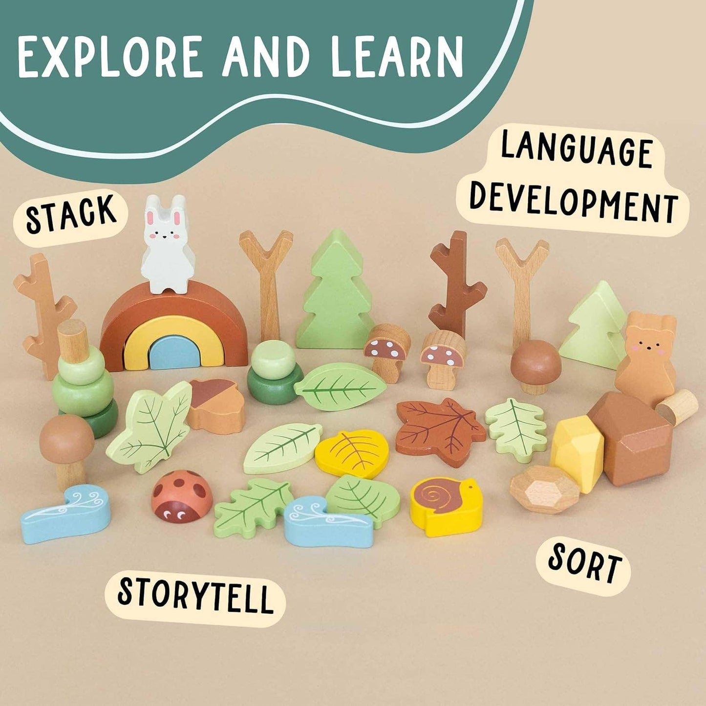 Wooden Forest Sensory Bin Accessories - Montessori Toddler Toys - Wooden Stacking Blocks