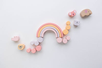 Pink Animal Stacking Set - 21 Pieces included with Storage Bag - Wooden Rainbow Stacker Gift for Girls
