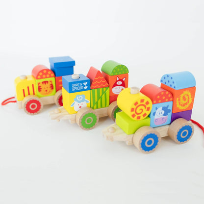 Farm Wooden Train Set for Kids - Pull Along Stacking Train