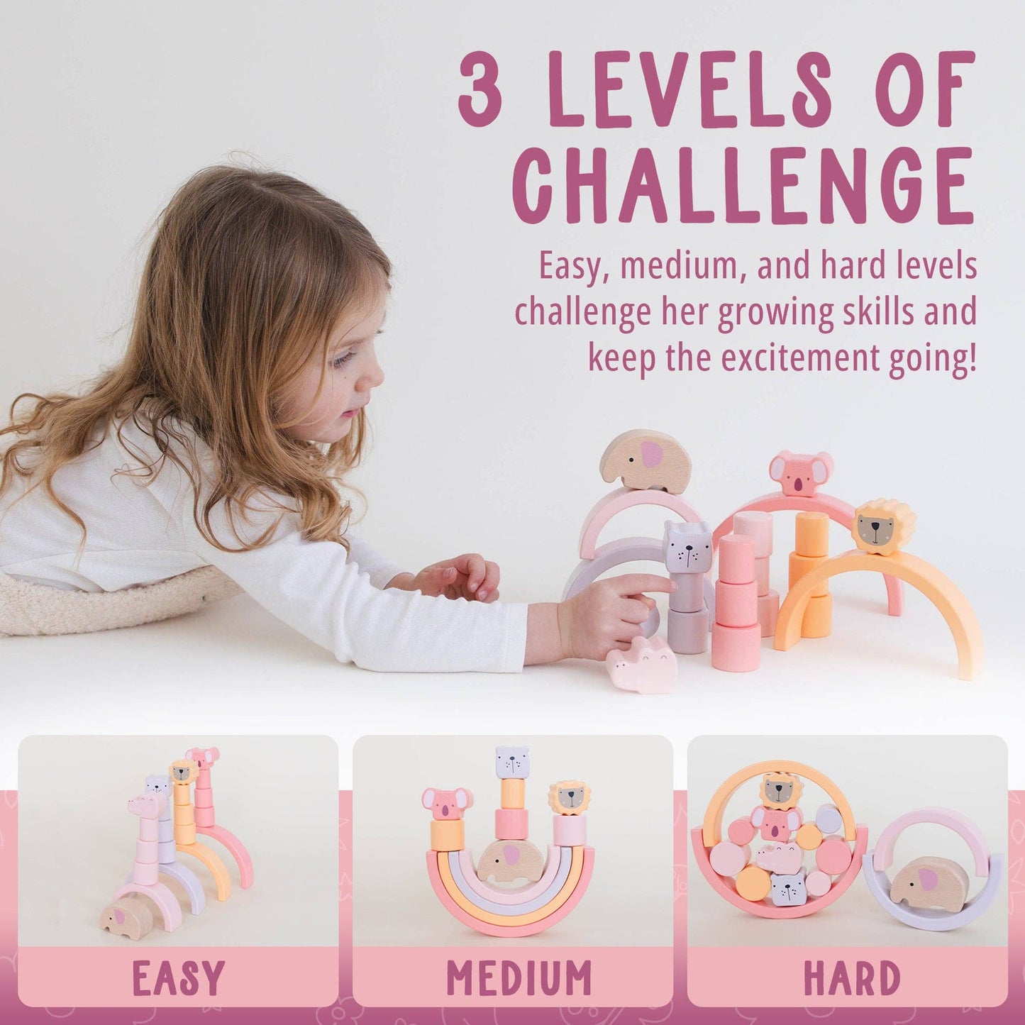 Pink Animal Stacking Set - 21 Pieces included with Storage Bag - Wooden Rainbow Stacker Gift for Girls