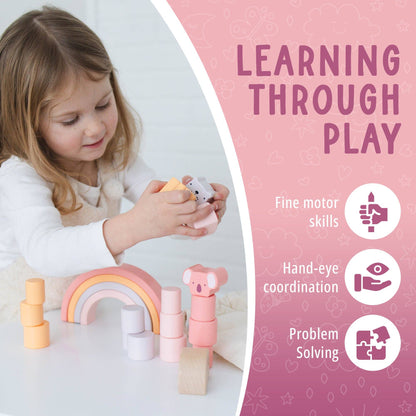 Pink Animal Stacking Set - 21 Pieces included with Storage Bag - Wooden Rainbow Stacker Gift for Girls