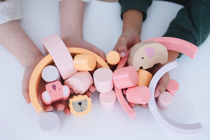 Pink Animal Stacking Set - 21 Pieces included with Storage Bag - Wooden Rainbow Stacker Gift for Girls