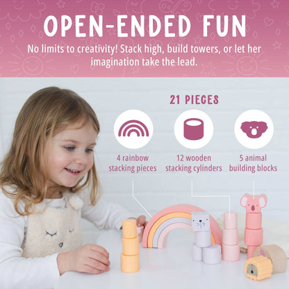 Pink Animal Stacking Set - 21 Pieces included with Storage Bag - Wooden Rainbow Stacker Gift for Girls