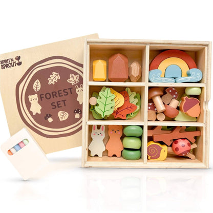 Wooden Forest Sensory Bin Accessories - Montessori Toddler Toys - Wooden Stacking Blocks