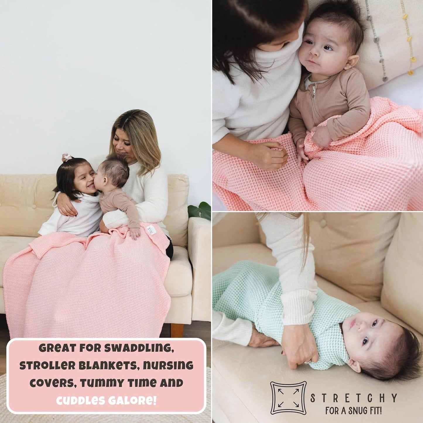 Rose Pink Waffle Bamboo Baby Blanket, 40"x40"- Soft Baby Swaddle Blanket Baby Shower Gift